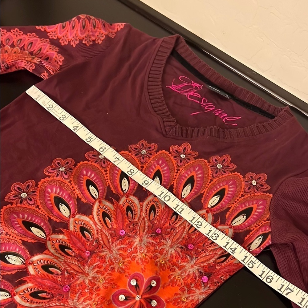 Desigual geometric print Top, long sleeve, burgundy. Size M - Picture 6 of 11